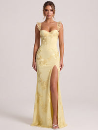 Yellow Sweetheart Floral Applique Corset Mermaid Prom Dress with High Slit Long Formal Evening Gown