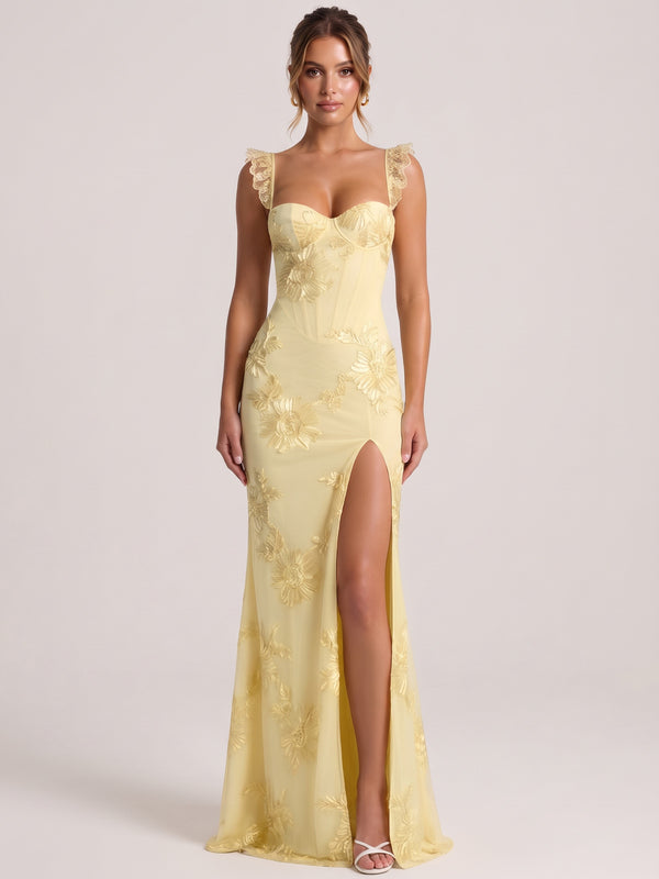 Yellow Sweetheart Floral Applique Corset Mermaid Prom Dress with High Slit Long Formal Evening Gown