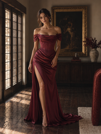 Burgundy Off-the-Shoulder Satin Corset Prom Dress with Slit