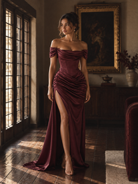 Burgundy Off-the-Shoulder Satin Corset Prom Dress with Slit