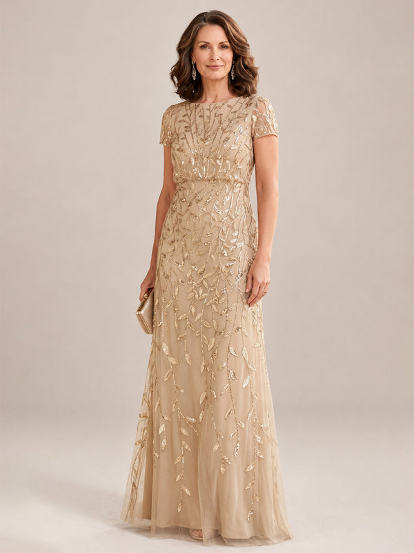 Champagne Short Sleeve Sequin Mother of the Bride Dress