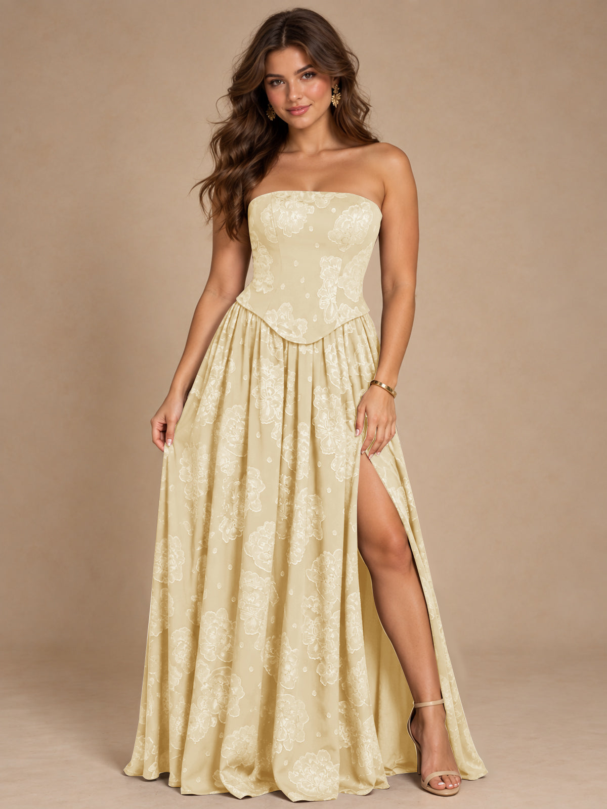 Chocolate Brown Floral Strapless Corset A-Line Evening Gown with Slit