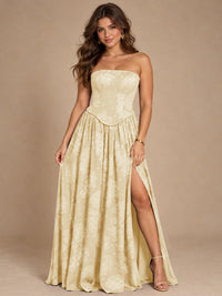 Chocolate Brown Floral Strapless Corset A-Line Evening Gown with Slit