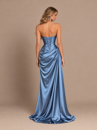 Dusty Blue Strapless Satin Prom Dress with Ruched Bodice and Slit