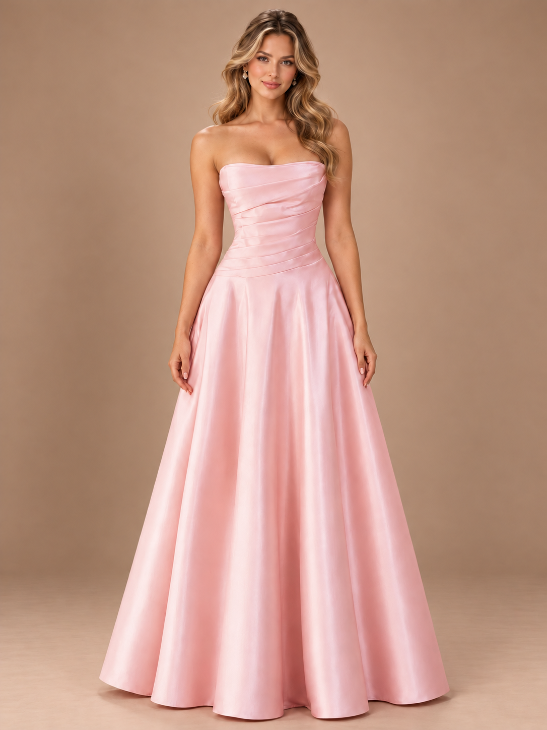 Blush Pink Strapless Satin A-Line Prom Dress with Ruched Bodice