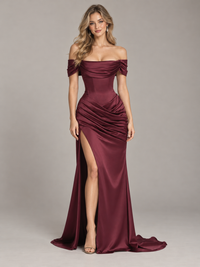 Burgundy Off-the-Shoulder Satin Corset Prom Dress with Slit