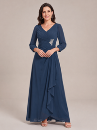 V-Neck Pleated Chiffon Mother of the Bride Dress with Flutter Sleeves