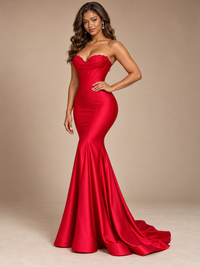 Red Strapless Satin Mermaid Prom Dress with Corset Bodice