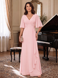 Blush Pink V-Neck Chiffon Lace Mother of the Bride Dresses with Flutter Sleeve A-line Long Ruffled Evening Formal Wedding Guest Gown