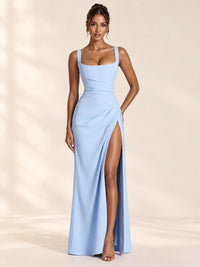 Square Neck Satin Sleeveless Ruched Prom Dress with High Slit