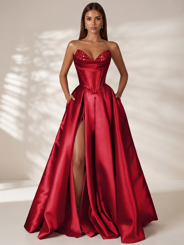 Red Strapless Corset Satin Prom Dress Long Evening Gown with High Slit