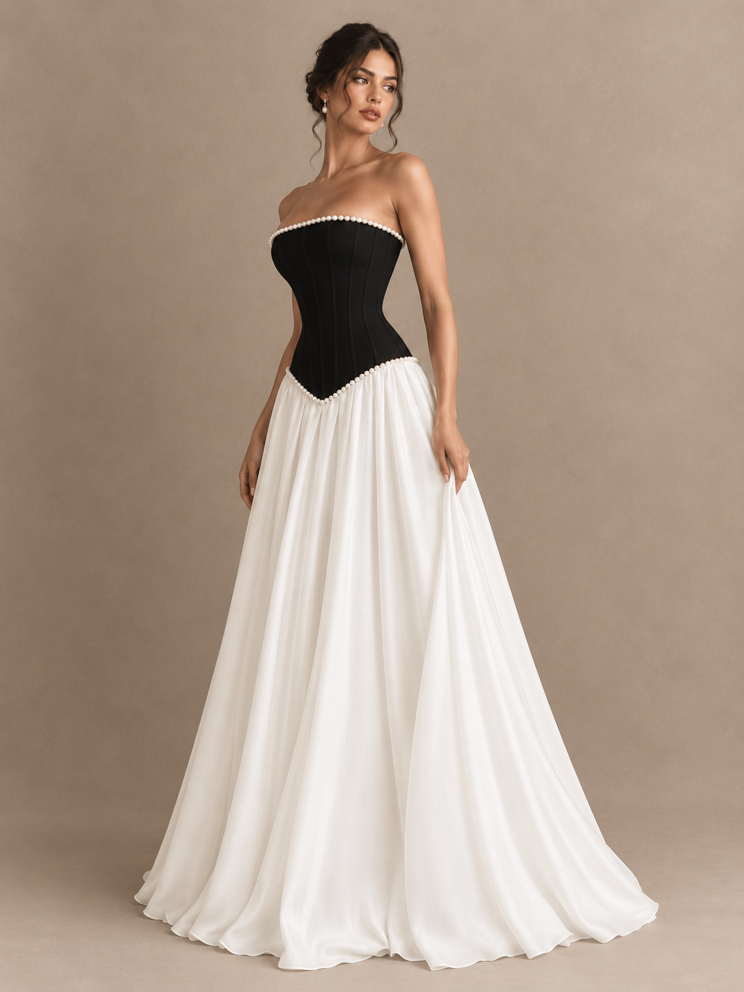 Black and White Strapless Corset A-Line Prom Dress with Pearl Trim