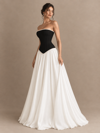 Black and White Strapless Corset A-Line Prom Dress with Pearl Trim