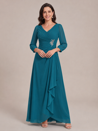 V-Neck Pleated Chiffon Mother of the Bride Dress with Flutter Sleeves