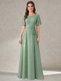 Sage Green Scoop Neck A-line Chiffon Bridesmaid Dress with Belt Flutter Sleeve Formal Wedding Guest Dress Evening Gown