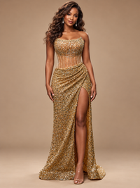 Gold Sequin Strapless Corset Prom Dress with High Slit