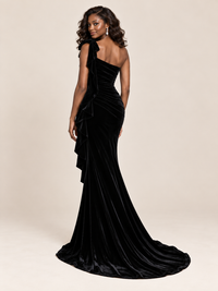 Black Velvet One-Shoulder Mermaid Evening Gown with Bow & Ruffles