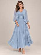 Dusty Blue Floral Lace Chiffon Mother of the Bride Dress with Jacket