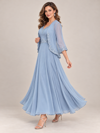 Dusty Blue Floral Lace Chiffon Mother of the Bride Dress with Jacket