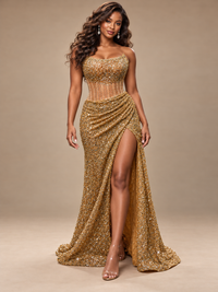 Gold Sequin Strapless Corset Prom Dress with High Slit