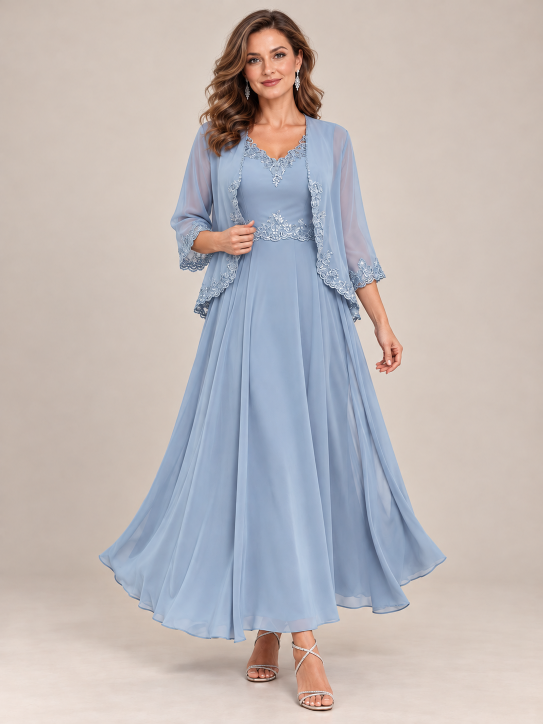 Dusty Blue Floral Lace Chiffon Mother of the Bride Dress with Jacket