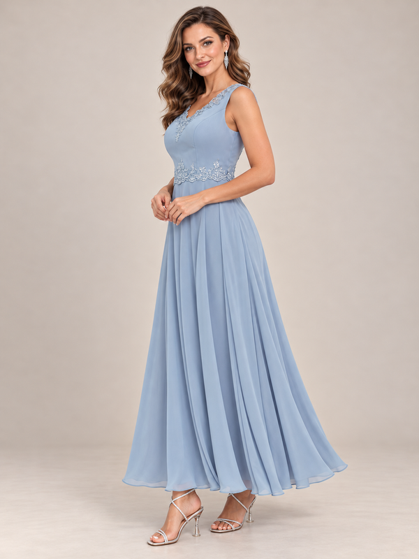 Dusty Blue Floral Lace Chiffon Mother of the Bride Dress with Jacket