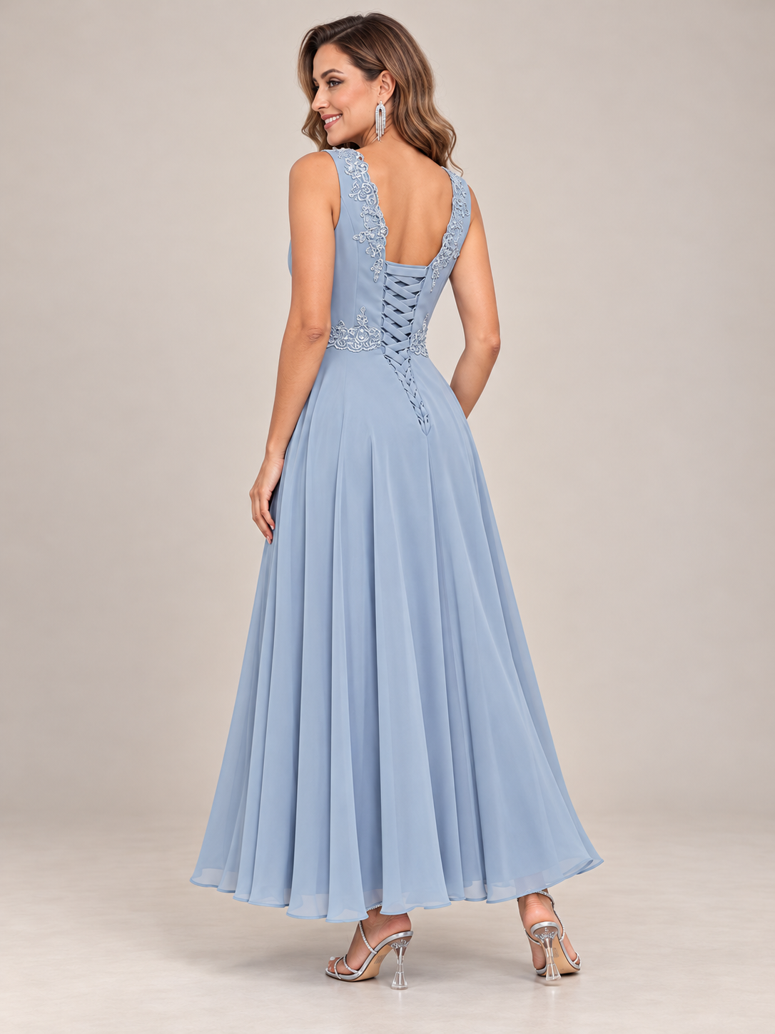 Dusty Blue Floral Lace Chiffon Mother of the Bride Dress with Jacket