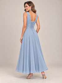 Dusty Blue Floral Lace Chiffon Mother of the Bride Dress with Jacket