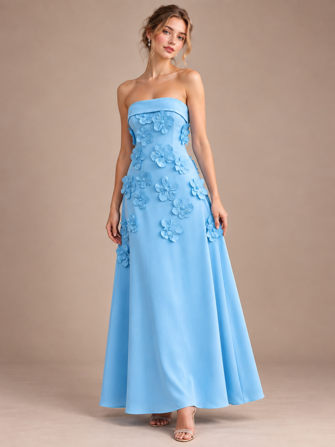 Yellow Strapless 3D Floral Appliques Maxi Dress