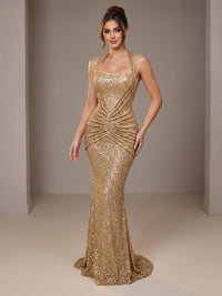 Gold Halter Sequin Mermiad Ruched Prom Dress Long Ruched Eveing Gown