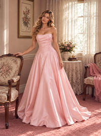 Blush Pink Strapless Satin A-Line Prom Dress with Ruched Bodice