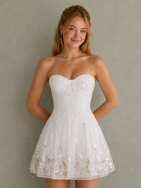 Strapless Sequin Floral White Homecoming Dress