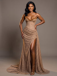 Luxury Strapless Sequin Corset Mermaid Prom Dress with High Slit & Train