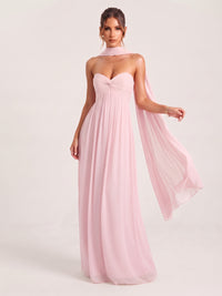 Blush Pink Strapless Ruched Chiffon Long Prom Dress with Scarf A-line Sweetheart Ruffled Formal Wedding Guest Dress Evening Gown