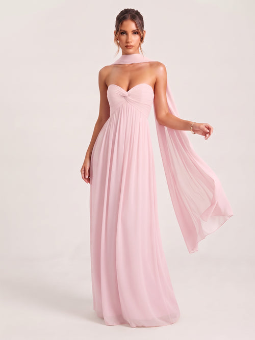 Blush Pink Strapless Ruched Chiffon Long Prom Dress with Scarf A-line Sweetheart Ruffled Formal Wedding Guest Dress Evening Gown