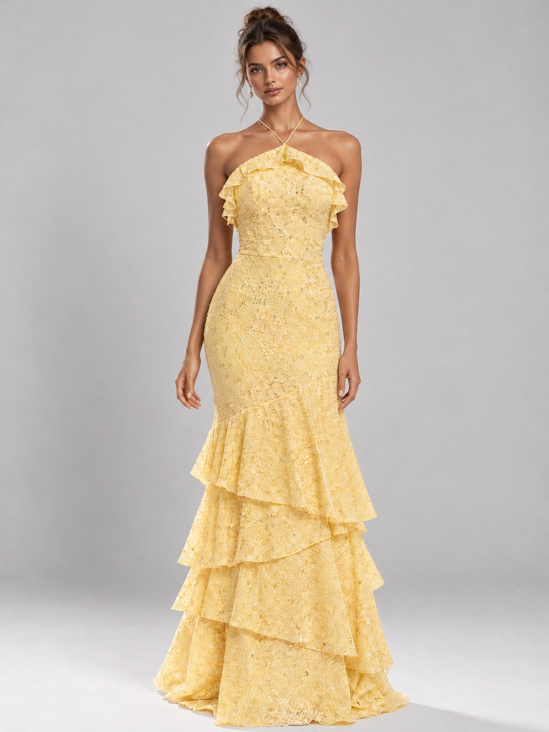 Halter Tiered Mermaid Prom Dress with Sparkly Lace