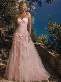 Blush Pink Strapless Sweetheart 3D Floral Tulle Ball Gown Prom Dres