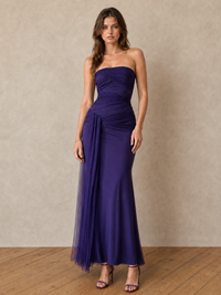 Purple Strapless Ruched Chiffon Maxi Dress with Draped Sash