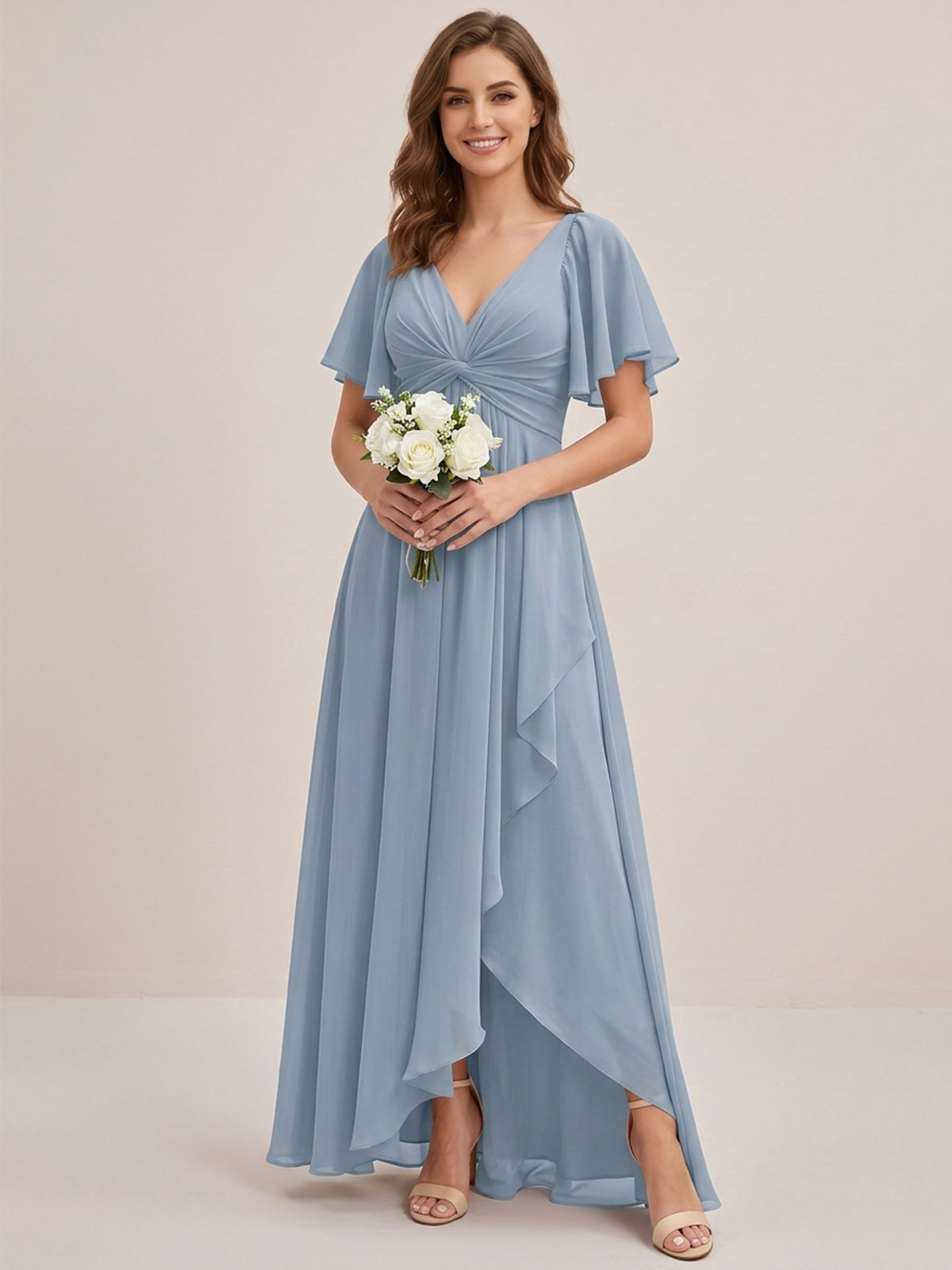 Dusty Blue Chiffon Bridesmaid Dress with Flutter Sleeves & High-Low Hem