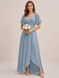 Dusty Blue Chiffon Bridesmaid Dress with Flutter Sleeves & High-Low Hem