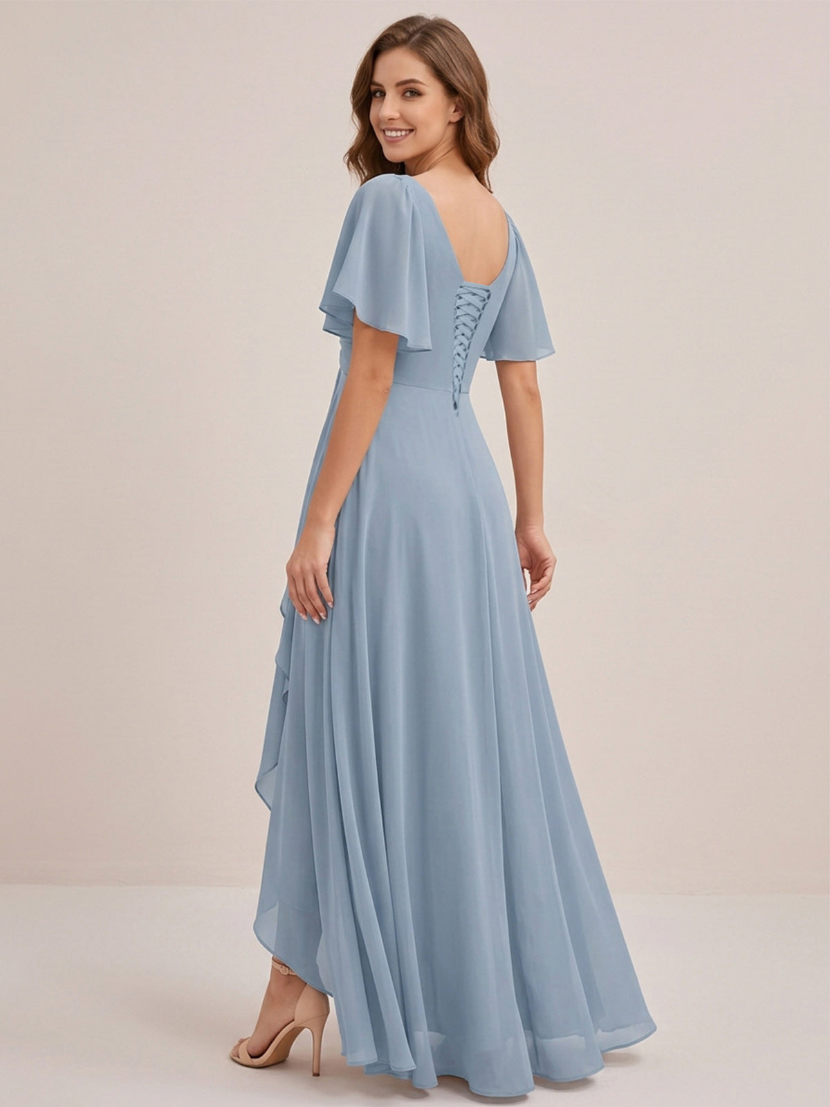 Dusty Blue Chiffon Bridesmaid Dress with Flutter Sleeves & High-Low Hem