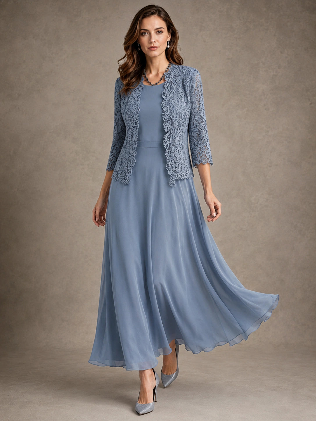 2-Piece Chiffon Mother of the Bride Dress with Lace Jacket