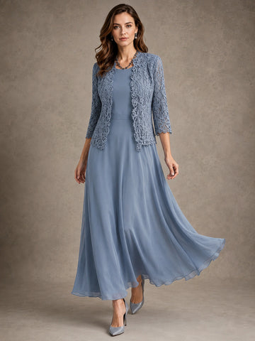 2-Piece Chiffon Mother of the Bride Dress with Lace Jacket