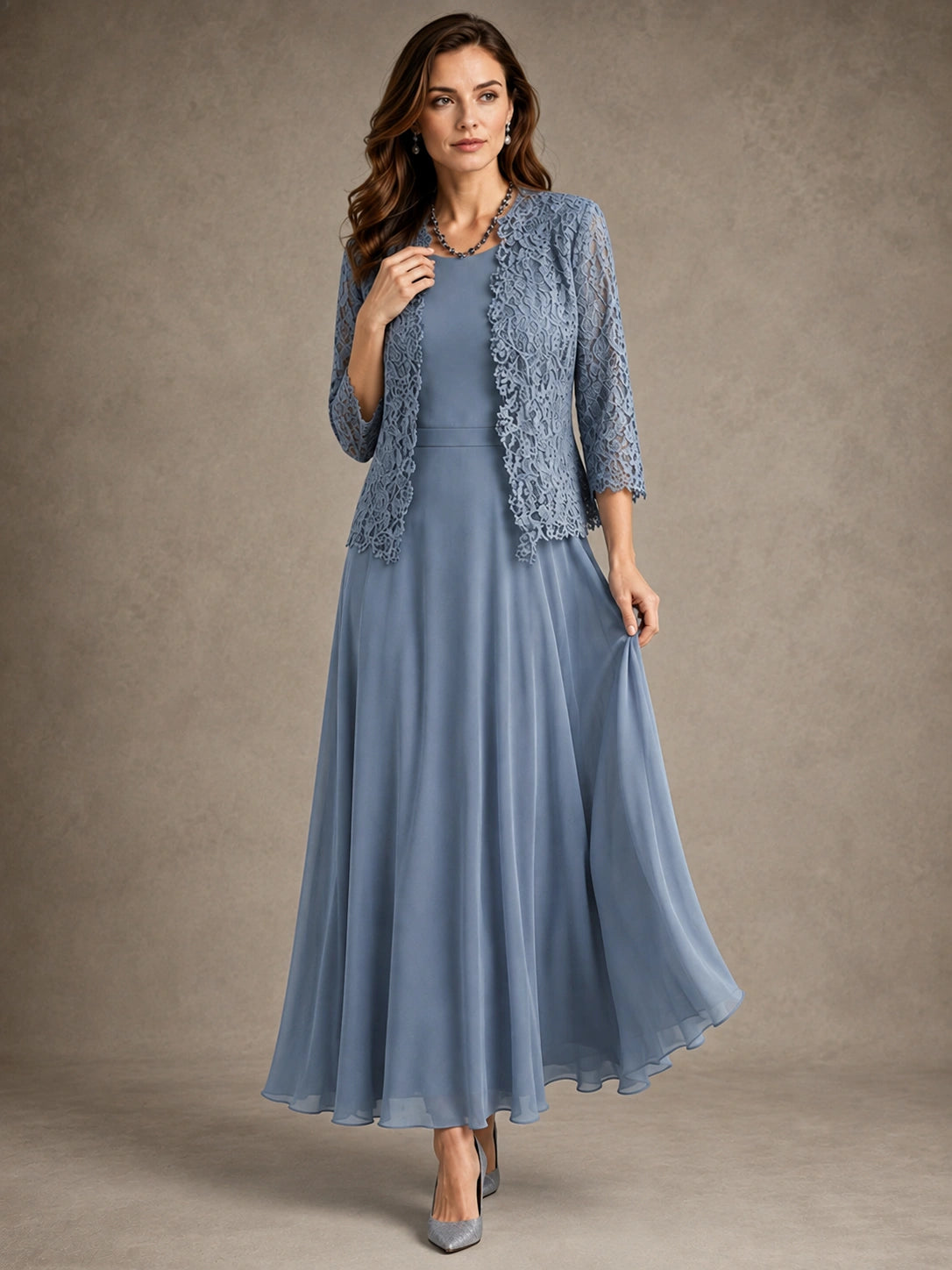 2-Piece Chiffon Mother of the Bride Dress with Lace Jacket