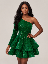 Emerald Green One Shouler Sequin Homecoming Dress with Long Sleeve Sparkly Puffy Tiered Mini Prom Dress Cocktail Party Gown