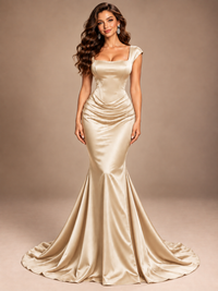 Navy Blue Square Neck Mermaid Pleated Satin Maxi Dress