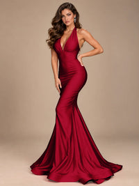 Pink Halter Deep V-Neck Ruched Mermaid Prom Dress