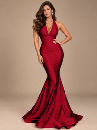 Pink Halter Deep V-Neck Ruched Mermaid Prom Dress