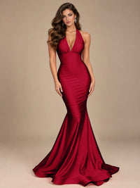 Pink Halter Deep V-Neck Ruched Mermaid Prom Dress