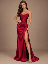 Dusty Blue Strapless Lace Corset Prom Dress with High Slit